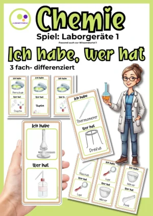Kartenspiel zu Laborgeräten im Chemieunterricht mit 3 Differenzierungsstufen für Klasse 7–9.