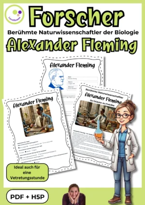 Arbeitsblätter zu Alexander Fleming mit Steckbrief und Quiz für Biologieunterricht Sekundarstufe I als PDF und H5P