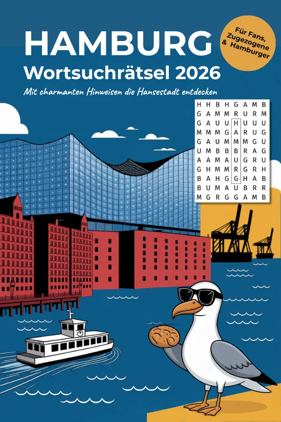 Cover des Buches Hamburg Wortsuchrätsel 2026 aus der Stadt-Momente-Reihe mit Hamburger Sehenswürdigkeiten und Rätseln.