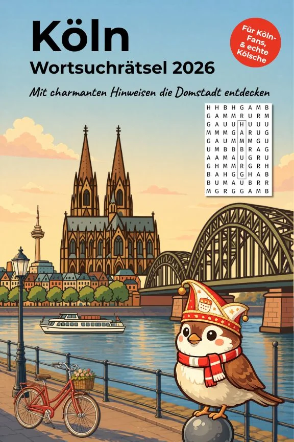 Cover des Buches Köln Wortsuchrätsel 2026 aus der Stadt-Momente-Reihe mit Köln-Motiven und Rätseln.