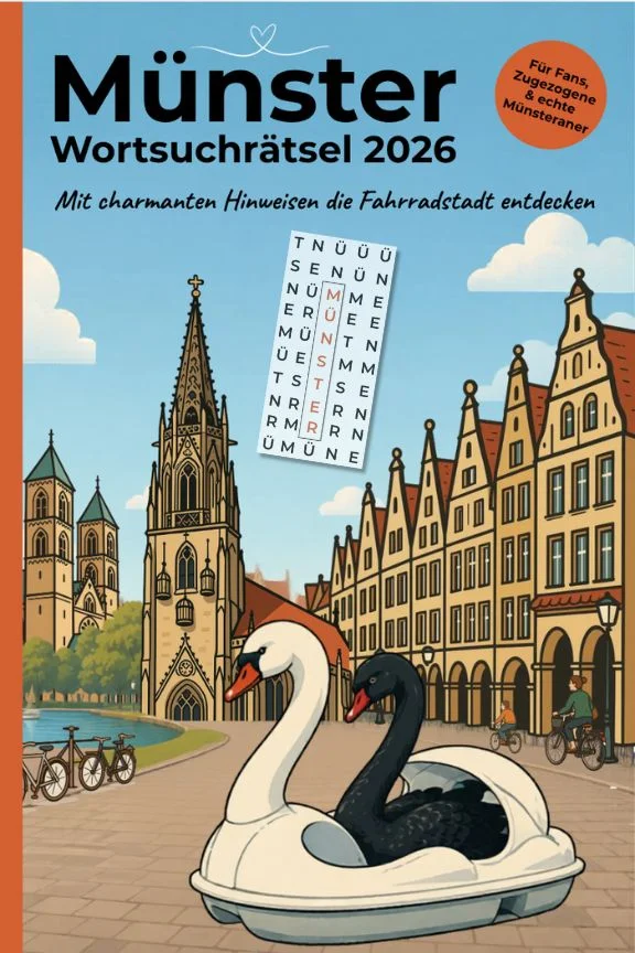 Cover des Buches Münster Wortsuchrätsel 2026 aus der Stadt-Momente-Reihe mit Münsteraner Orten und Begriffen.