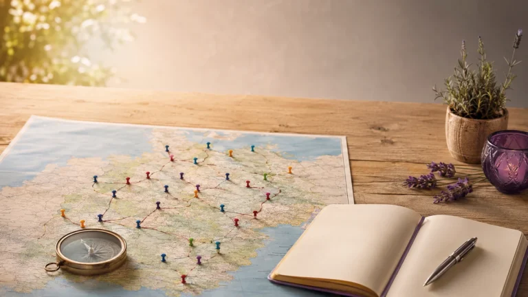 Deutschlandkarte mit markierten Städten, Kompass und Notizbuch auf einem Holztisch – Symbolbild für die Stadt-Momente-Wortsuchrätsel-Reihe