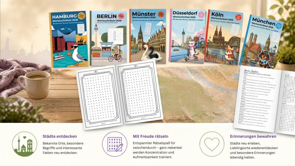 Stadt Momente Wortsuchrätselbücher zu deutschen Städten mit Rätselseiten, Stadtwissen und Erinnerungen an Berlin, Hamburg, Münster, Düsseldorf, Köln und München