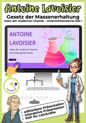 Interaktive Präsentation zum Gesetz der Massenerhaltung nach Antoine Lavoisier für den Chemieunterricht ab Klasse 7.