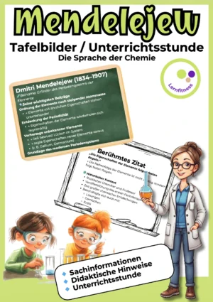 Unterrichtsmaterial zu Dmitri Mendelejew mit Tafelbildern zum Periodensystem der Elemente für den Chemieunterricht ab Klasse 8.