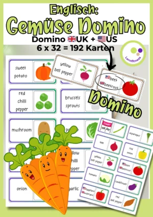 Englisch Gemüse-Domino mit UK- und US-Wortschatz für den Englischunterricht der Klassen 4–6 als Lernspiel mit Selbstkontrolle.