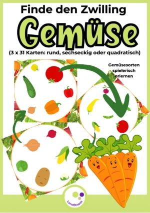 Finde den Zwilling Gemüse – Lernspiel zur Wortschatzförderung für Grundschule, DaZ, DaF und Fremdsprachenunterricht.