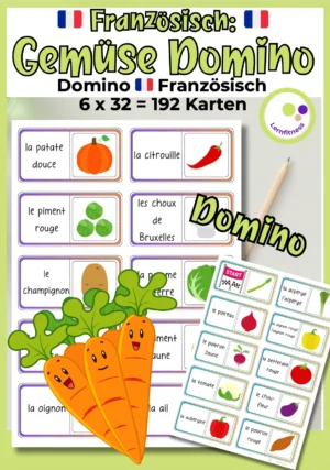 Französisch Domino zum Gemüsewortschatz mit 192 Karten für den Französischunterricht ab Klasse 4 inklusive Selbstkontrolle.