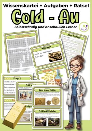 Unterrichtsmaterial zu Gold (Au) mit Wissenskarten, R&auml;tseln und Aufgaben f&uuml;r den Chemieunterricht der Sekundarstufe I.