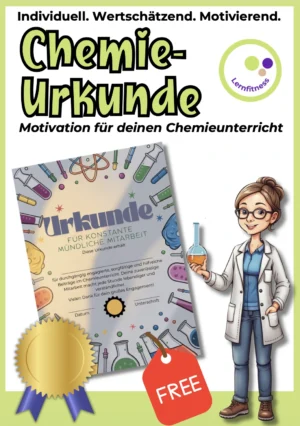 Kostenlose Chemie-Urkunde als PDF zur Motivation und Wertsch&auml;tzung im Chemieunterricht f&uuml;r Klasse 7&ndash;13.