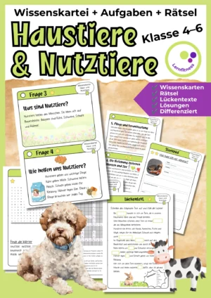 Haustiere und Nutztiere Unterrichtsmaterial für Biologie Klasse 4–6 mit Wissenskartei, Rätseln und differenzierten Arbeitsblättern.