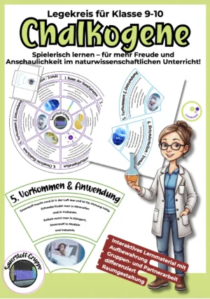 Legekreis Chalkogene für Klasse 9–10 mit Segmenten zu Eigenschaften, Vorkommen und Anwendungen im Chemieunterricht.
