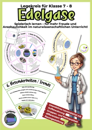 Legekreis Edelgase für Klasse 7–8 als Chemie-Unterrichtsmaterial zur 8. Hauptgruppe mit differenzierten Segmenten und Lösungen.