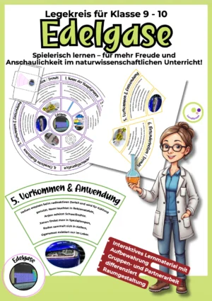 Legekreis Edelgase für Klasse 9–10 mit sechs Segmenten für den Chemieunterricht zu Eigenschaften, Vorkommen und Verwendung.