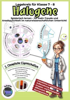 Legekreis Halogene für Klasse 7–8 mit Segmenten zu Eigenschaften, Reaktionen und Anwendungen im Chemieunterricht.