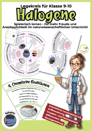 Legekreis Halogene für Klasse 9–10 als Chemie-Unterrichtsmaterial zur 7. Hauptgruppe mit Lösungen und differenzierten Segmenten.