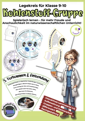 Legekreis zur Kohlenstoff-Gruppe für den Chemieunterricht in Klasse 9–10 mit sechs Lernsegmenten und Lösungen.