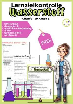 Lernzielkontrolle Wasserstoff für Chemie Klasse 8 mit Gruppe A und B, Lösungen, Bewertungsvorschlag und Differenzierung.