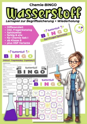 Differenziertes Wasserstoff-Bingo für Chemie Klasse 8 mit Bingo-Karten, Fragenkatalog, H5P-Version und Lehreranleitung.