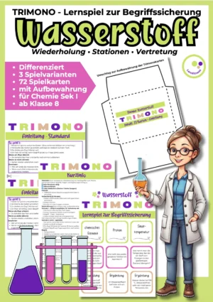 Differenziertes Wasserstoff-TRIMONO für Chemie Klasse 8 mit Zuordnungskarten, Spielvarianten und Lehrerhandreichung.