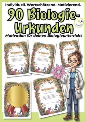 90 Biologie-Urkunden mit Blanko-Vorlage zur Motivation und Wertschätzung im Biologieunterricht.