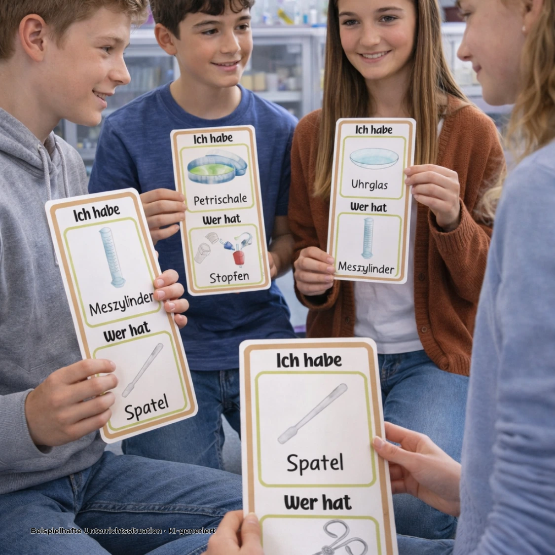 Schüler spielen ein kooperatives Kartenspiel zu Laborgeräten und üben Fachbegriffe im Chemieunterricht der Klasse 7–9