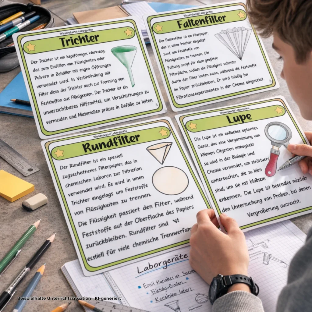Schüler erarbeitet Funktionen von Laborgeräten mit Wissenskarten zu Trichter, Faltenfilter, Rundfilter und Lupe