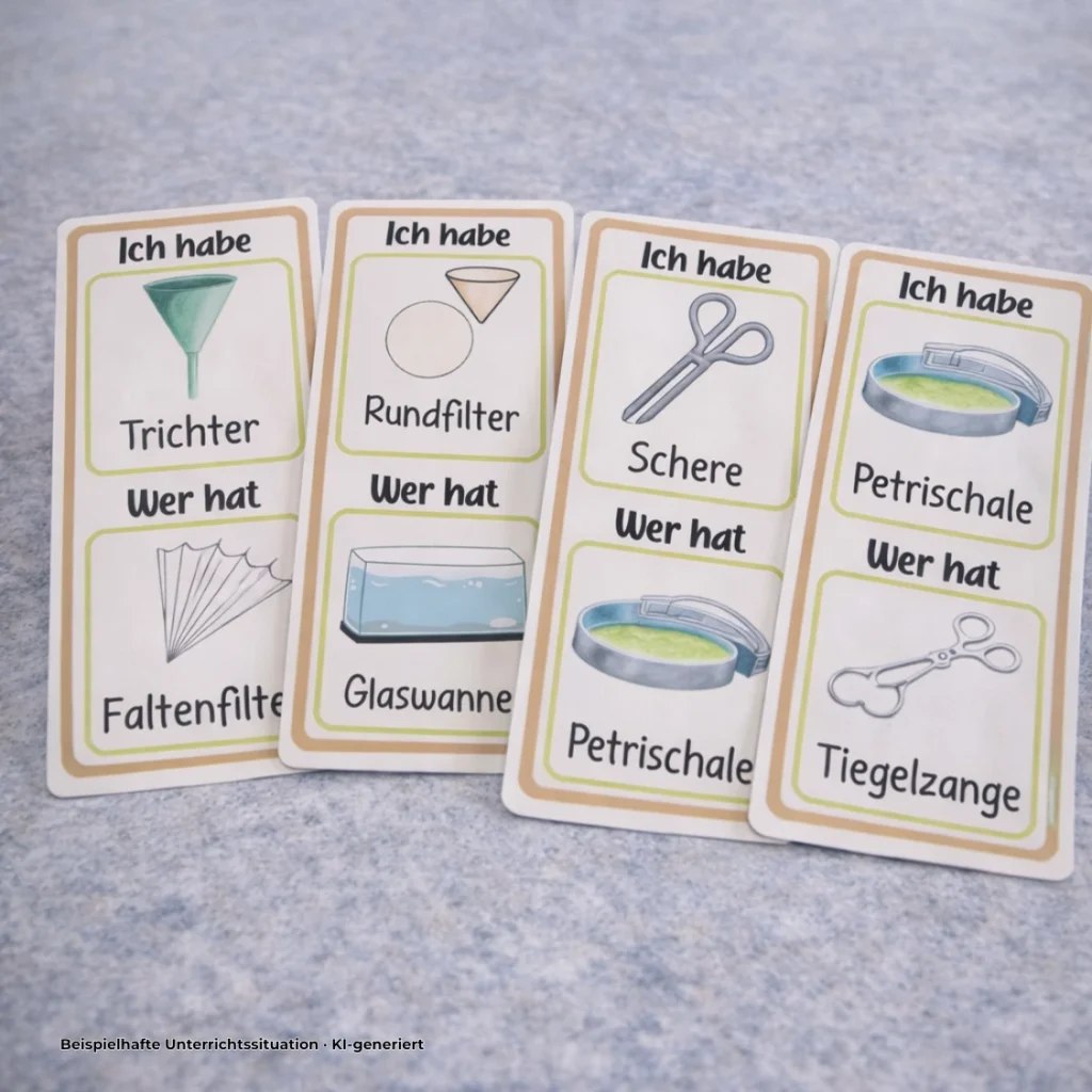 Wer hat, der hat Spielkarten mit Abbildungen und Fachbegriffen zu Trichter, Rundfilter, Schere und Petrischale