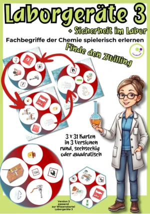 Cover „Finde den Zwilling – Laborgeräte 3“ mit Bildkarten zu Schutzausrüstung, Brennern und Gefahrensymbolen in drei Kartenformen.