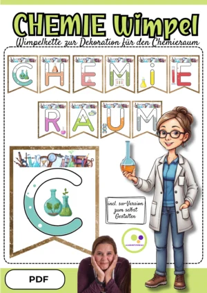 Deckblatt der Boho-Wimpelkette CHEMIERAUM mit farbigen Buchstabenwimpeln und Chemieillustrationen