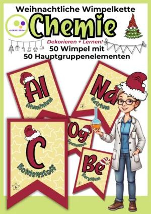 Deckblatt der Chemie-Weihnachtswimpelkette mit 50 farbige Wimpeln zu Hauptgruppenelemente