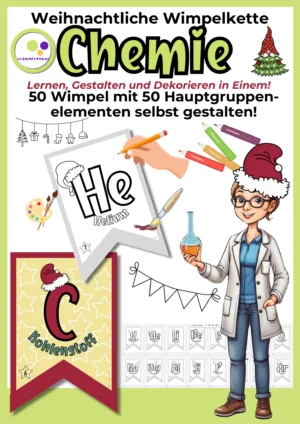 Deckblatt der Chemie-Weihnachtswimpelkette mit 50 schwarz-weiße Wimpeln zu Hauptgruppenelemente