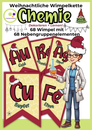 Deckblatt der Chemie-Weihnachtswimpelkette mit 68 farbige Wimpeln zu Nebengruppenelemente