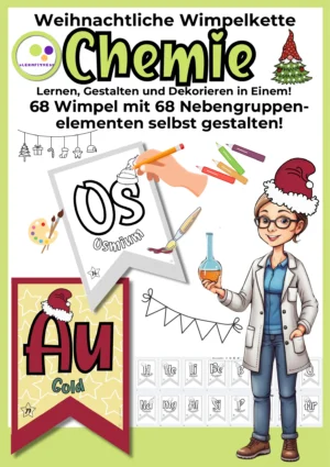Deckblatt der Chemie-Weihnachtswimpelkette mit 68 schwarz-weiße Wimpeln zu Nebengruppenelemente