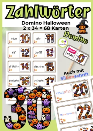 Deckblatt Halloween-Domino mit deutschen Zahlwörtern, Zahlenkarten bis 30 und Beispielen in Silbenschrift