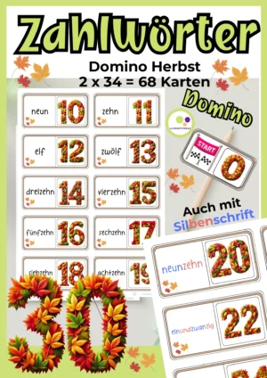 Deckblatt des Herbst-Dominos von Lernfitness mit Dominokarten, Zahlen aus bunten Herbstblättern und Zahlwörtern in schwarzer und farbiger Silbenschrift.