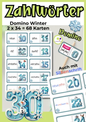 Deckblatt Zahlwörter-Domino Winter mit deutschen Zahlwörtern, winterlich gestalteten Zahlen bis 30 und Beispielen in Silbenschrift