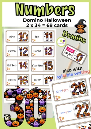 Deckblatt Englisch: Domino Halloween mit englischen Zahlwörtern und Zahlen bis 30