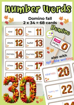 Deckblatt des englischen Herbst-Dominos von Lernfitness mit Herbstblatt-Zahlen und englischen Zahlwörtern in schwarzer und farbiger Silbenschrift.