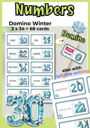 Deckblatt „Englisches Zahlwörter-Domino Winter“ mit Zahlen bis 30, Dominokarten und Beispielen mit Silbenschrift