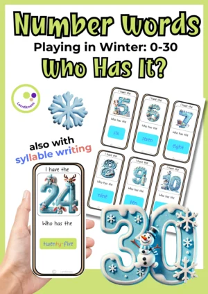 Deckblatt Ich habe, wer hat? mit englischen Zahlwörtern, Zahlenkarten bis 30 und Schneeflocke im Winter-Design