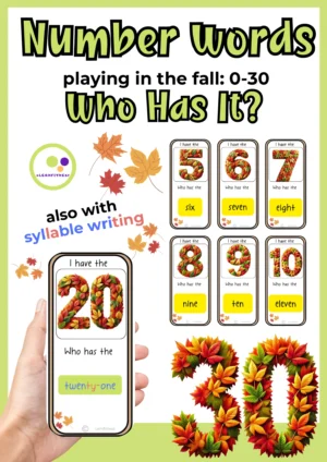 Deckblatt des Lernfitness-Spiels Englisch Who Has It Herbst mit Zahlen aus Herbstblättern und englischen Frage-Antwort-Karten, auch in farbiger Silbenschrift.