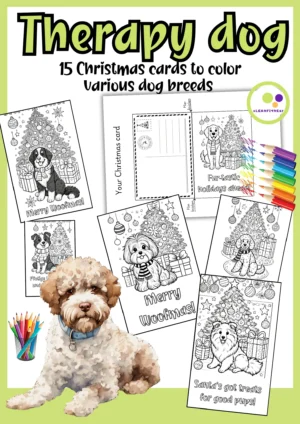 Deckblatt der 15 englischen Weihnachtskarten mit Hundemotiven zum Ausmalen und Falten.