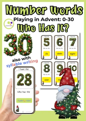 Deckblatt des englischen Weihnachts-Kettenspiels „Ich habe, wer hat?“ mit Zahlwörtern 0–30 und Kartenbeispielen.