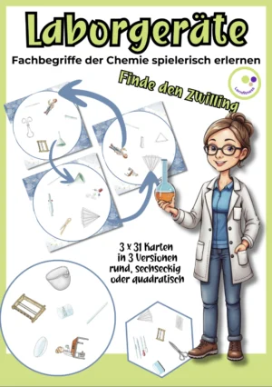 Cover „Finde den Zwilling – Laborgeräte 1“ mit runden, quadratischen und sechseckigen Bildkarten sowie einer Figur im Laborkittel.