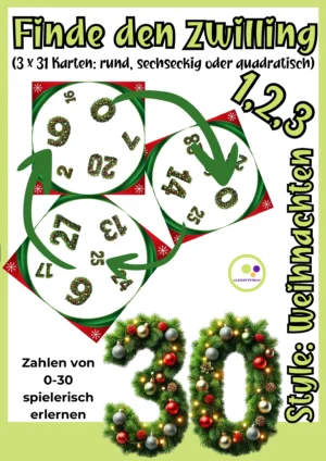 Deckblatt von Finde den Zwilling Weihnachten: Zahlen 0 bis 30 und Beispiele der Zahlenkarten