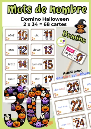 Deckblatt Französisch: Domino Halloween mit französischen Zahlwörtern und Zahlen bis 30