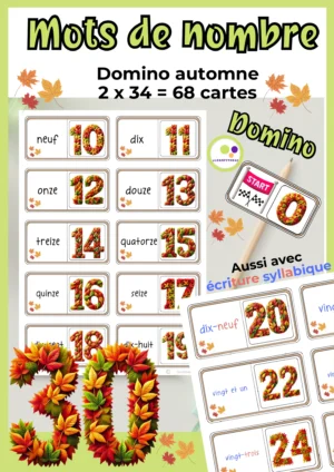 Deckblatt des Lernfitness-Materials Französisch Domino Herbst mit Herbstblatt-Zahlen und französischen Zahlwörtern in schwarzer und farbiger Silbenschrift.