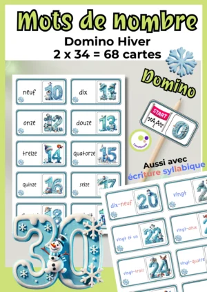 Deckblatt „Französisches Zahlwörter-Domino Winter“ mit Zahlen bis 30, Dominokarten und Beispielen mit Silbenschrift