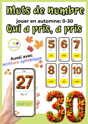 Deckblatt des französischen Lernfitness-Zahlwörterspiels im Herbstdesign mit J’ai-qui-a-Karten, Zahlen aus Blättern und farbiger Silbenschrift.